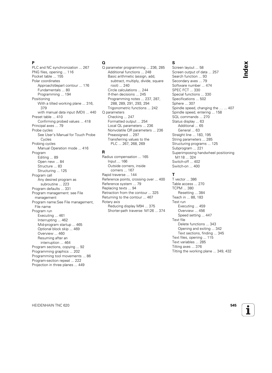 Index | HEIDENHAIN TNC 620 (73498x-01) User Manual | Page 545 / 547