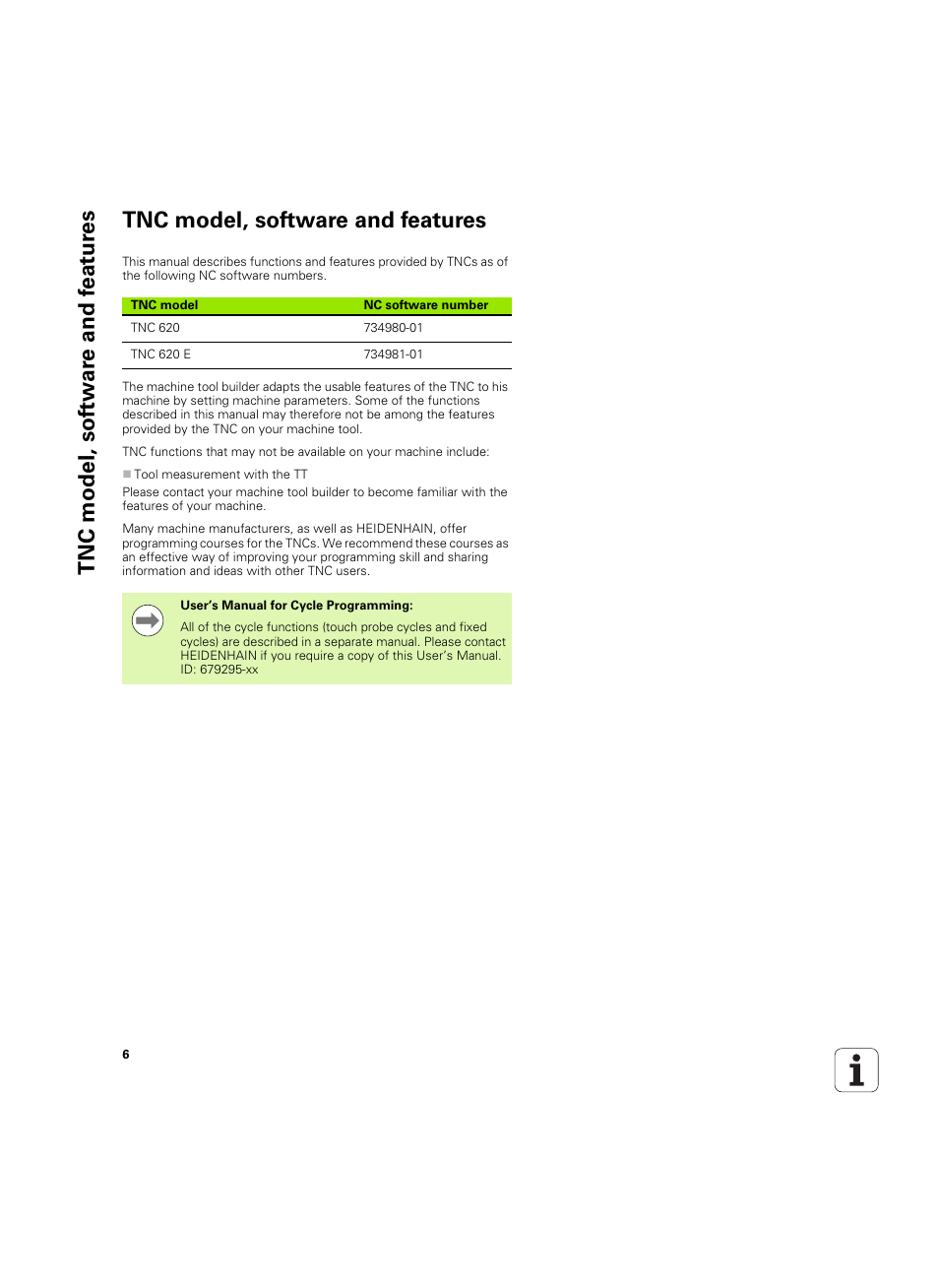 Tnc model, software and features | HEIDENHAIN TNC 620 (73498x-01) User Manual | Page 6 / 547