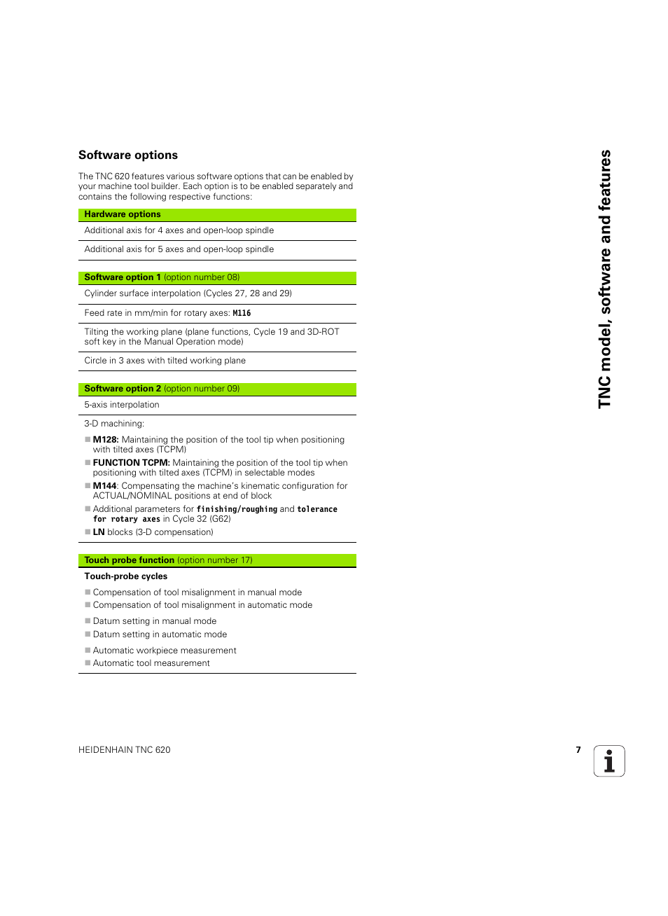 Software options, Tnc model, sof tw a re and f eat ur es | HEIDENHAIN TNC 620 (73498x-01) User Manual | Page 7 / 547