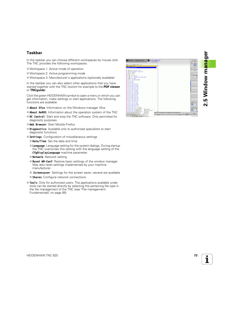 Taskbar, 5 windo w manag e r | HEIDENHAIN TNC 620 (73498x-01) User Manual | Page 73 / 547