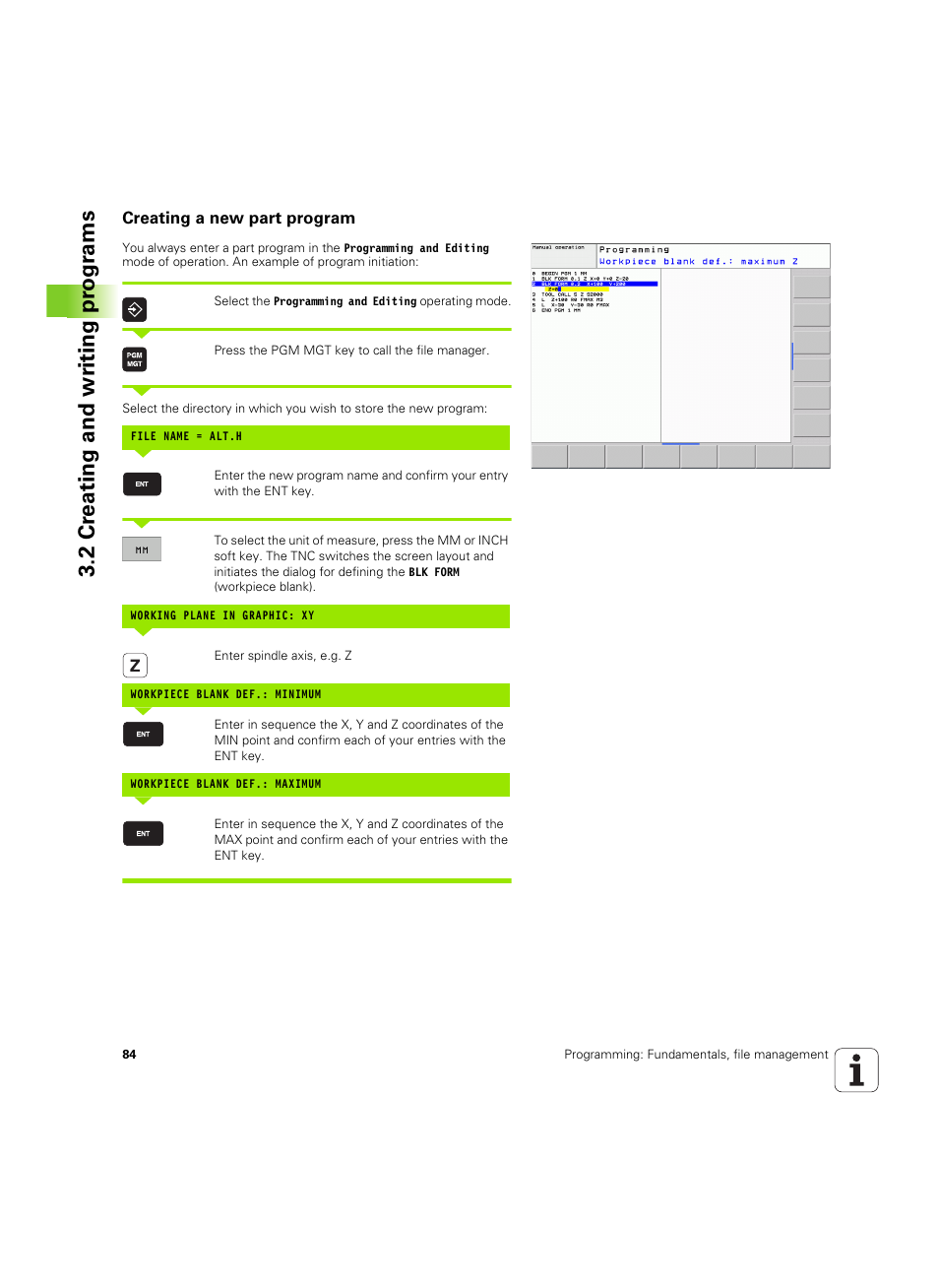 Creating a new part program, 2 cr eating and wr iting pr ogr a ms | HEIDENHAIN TNC 620 (73498x-01) User Manual | Page 84 / 547
