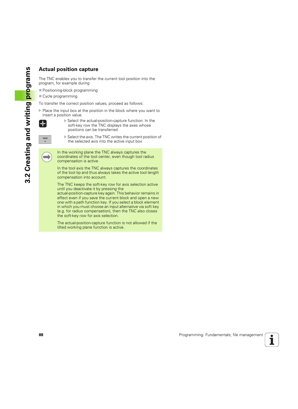 Actual position capture, 2 cr eating and wr iting pr ogr a ms | HEIDENHAIN TNC 620 (73498x-01) User Manual | Page 88 / 547