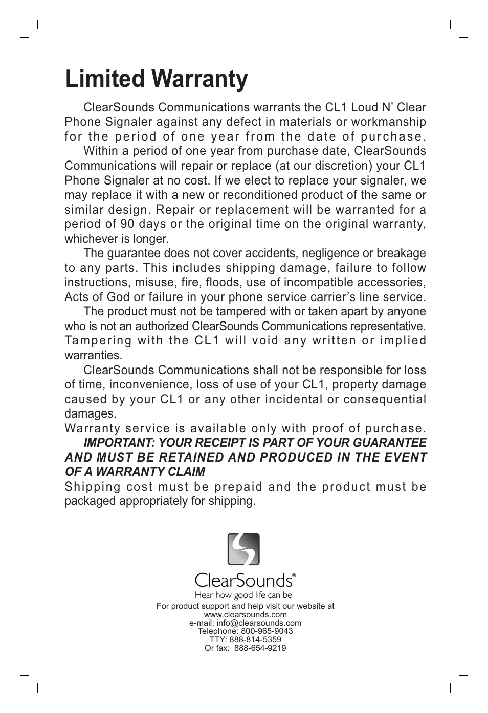 Limited warranty | ClearSounds LOUD N CLEAR CL1 User Manual | Page 8 / 8