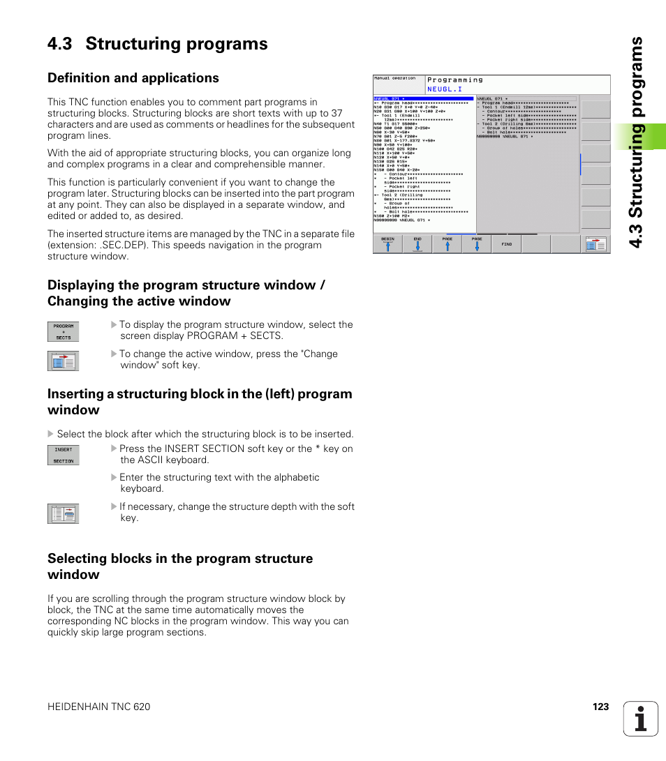 3 structuring programs, Definition and applications, Selecting blocks in the program structure window | HEIDENHAIN TNC 620 (73498x-01) ISO programming User Manual | Page 123 / 497