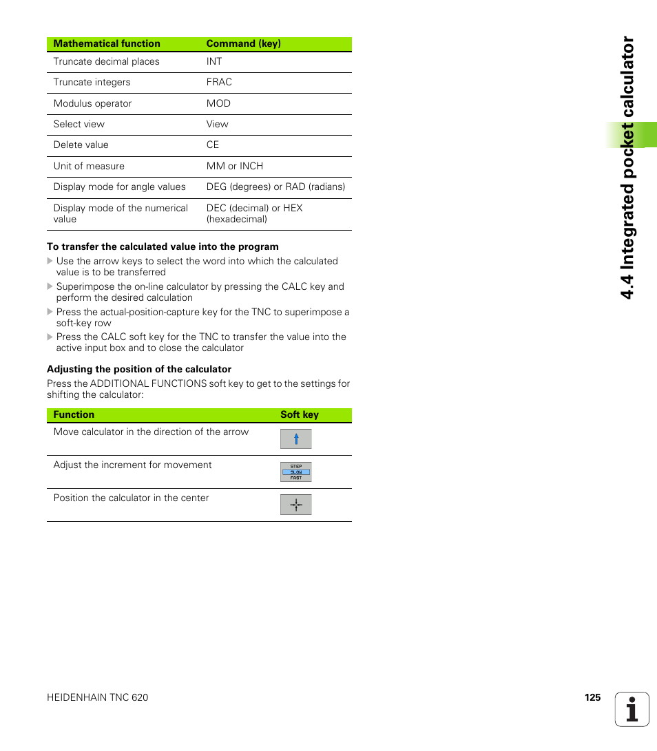 4 int e gr at ed poc k et calculat or | HEIDENHAIN TNC 620 (73498x-01) ISO programming User Manual | Page 125 / 497