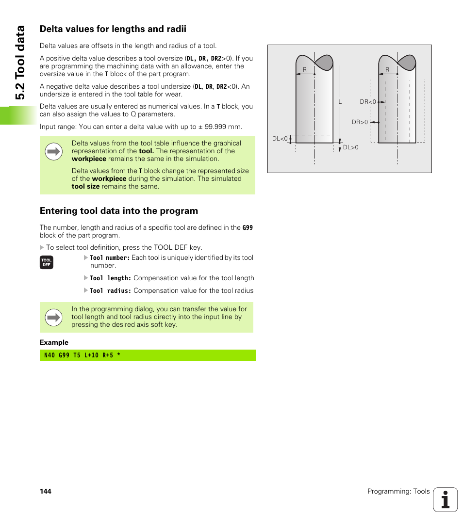 Delta values for lengths and radii, Entering tool data into the program, 2 t ool data | HEIDENHAIN TNC 620 (73498x-01) ISO programming User Manual | Page 144 / 497