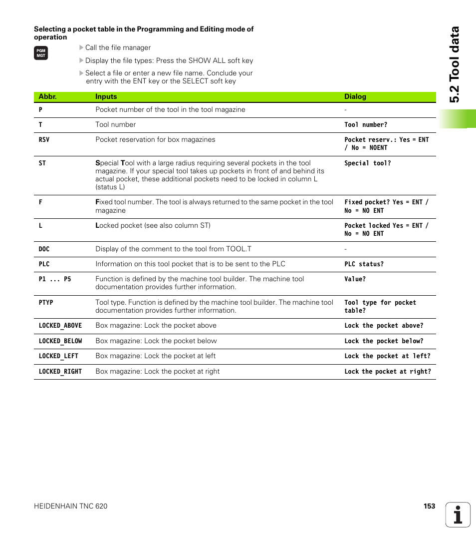 2 t ool data | HEIDENHAIN TNC 620 (73498x-01) ISO programming User Manual | Page 153 / 497