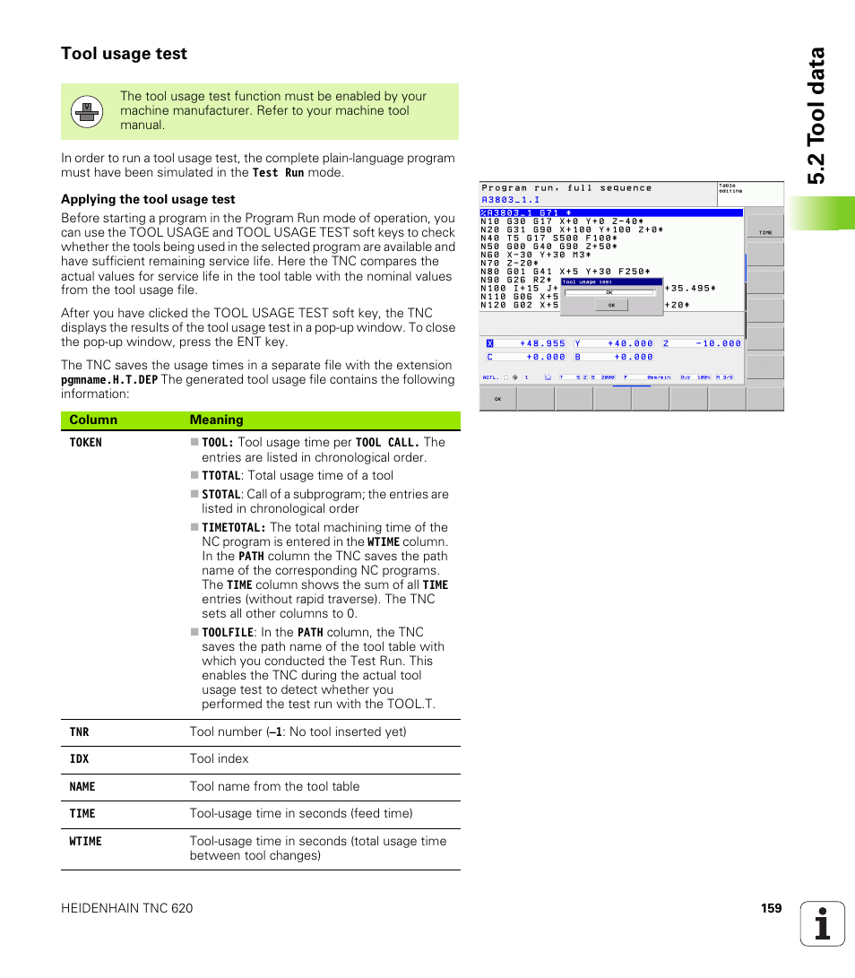 Tool usage test, 2 t ool data | HEIDENHAIN TNC 620 (73498x-01) ISO programming User Manual | Page 159 / 497
