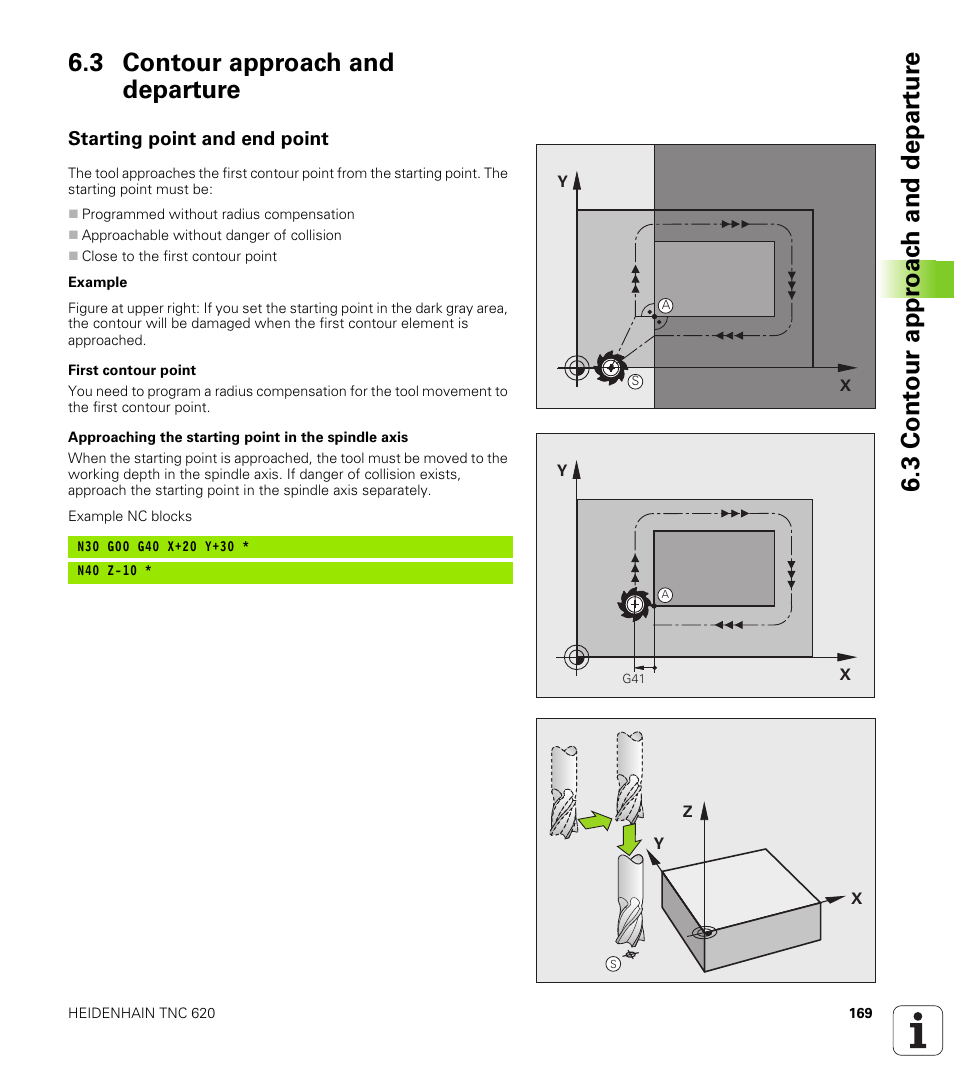3 contour approach and departure, Starting point and end point | HEIDENHAIN TNC 620 (73498x-01) ISO programming User Manual | Page 169 / 497