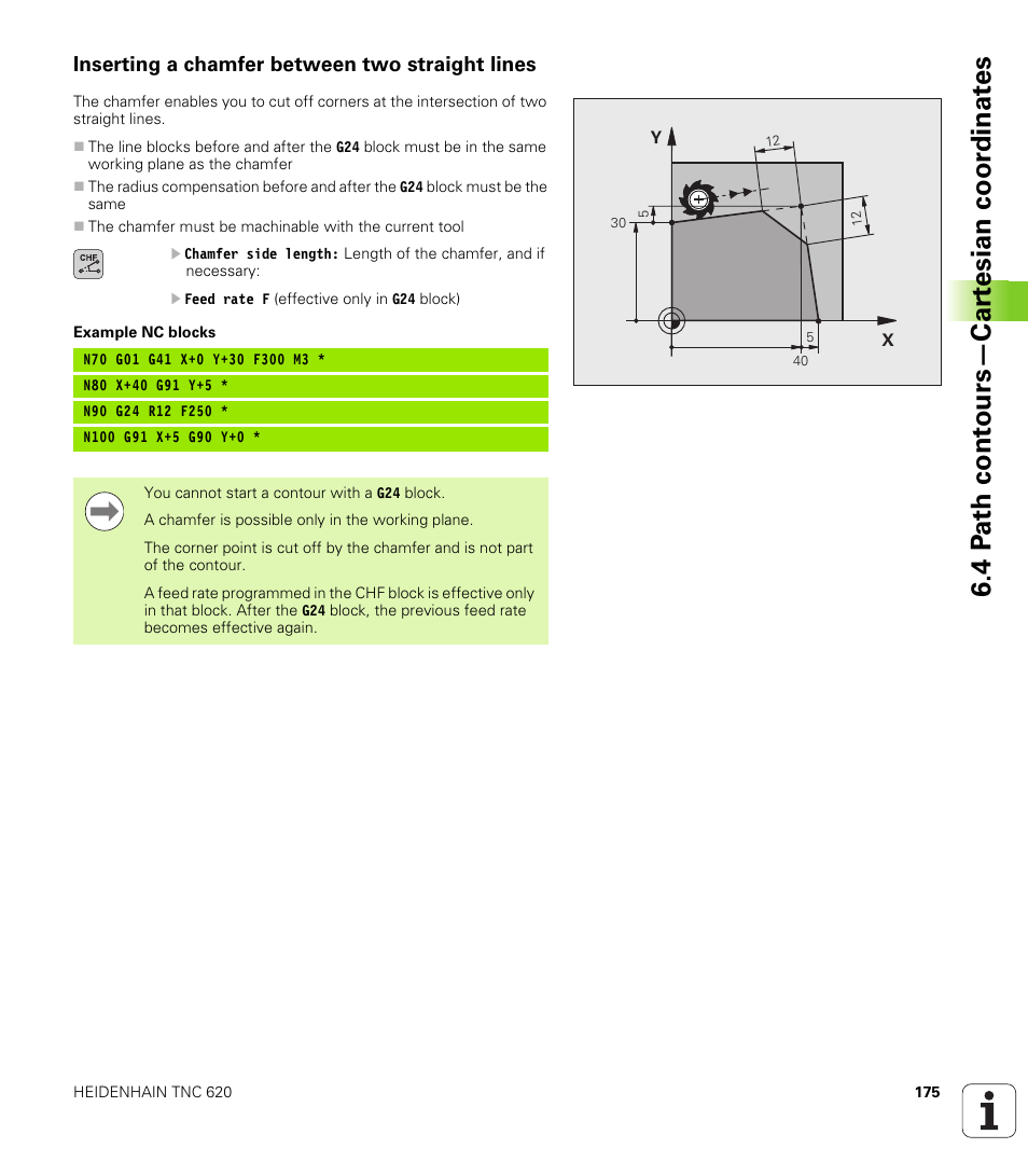 Inserting a chamfer between two straight lines, 4 p a th cont ours—car te sian coor dinat e s | HEIDENHAIN TNC 620 (73498x-01) ISO programming User Manual | Page 175 / 497