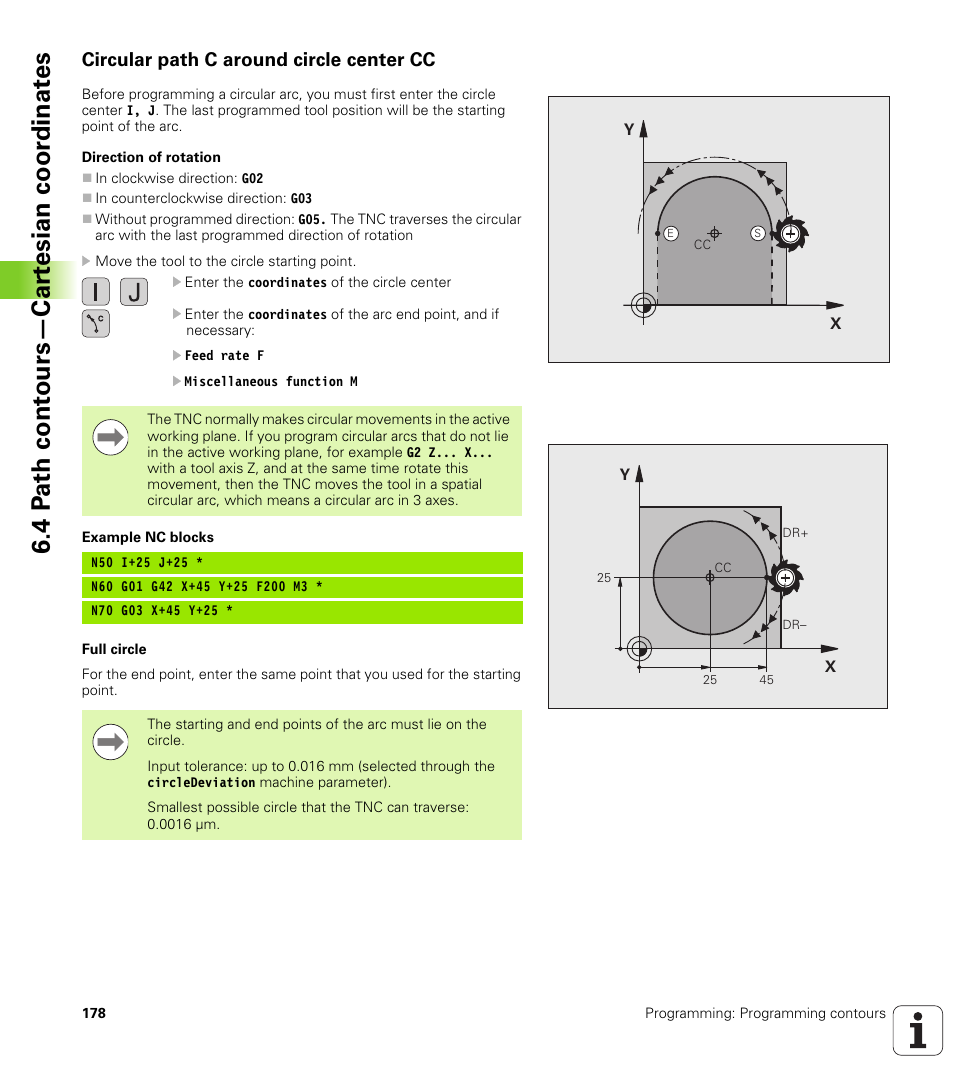 Circular path c around circle center cc, 4 p a th cont ours—car te sian coor dinat e s | HEIDENHAIN TNC 620 (73498x-01) ISO programming User Manual | Page 178 / 497