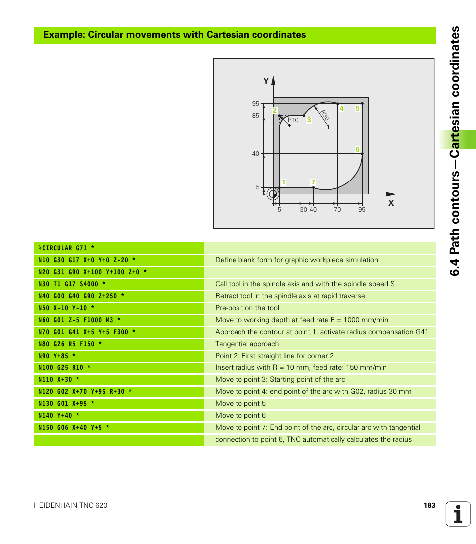 4 p a th cont ours—car te sian coor dinat e s | HEIDENHAIN TNC 620 (73498x-01) ISO programming User Manual | Page 183 / 497