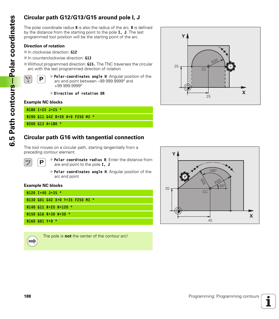 Circular path g12/g13/g15 around pole i, j, Circular path g16 with tangential connection, 5 p a th cont ours—p olar coor dinat e s | HEIDENHAIN TNC 620 (73498x-01) ISO programming User Manual | Page 188 / 497