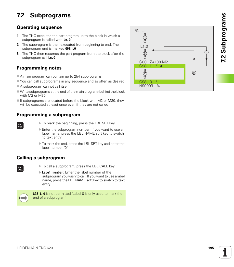 2 subprograms, Operating sequence, Programming notes | Programming a subprogram, Calling a subprogram, 2 subpr ogr a ms 7.2 subprograms | HEIDENHAIN TNC 620 (73498x-01) ISO programming User Manual | Page 195 / 497