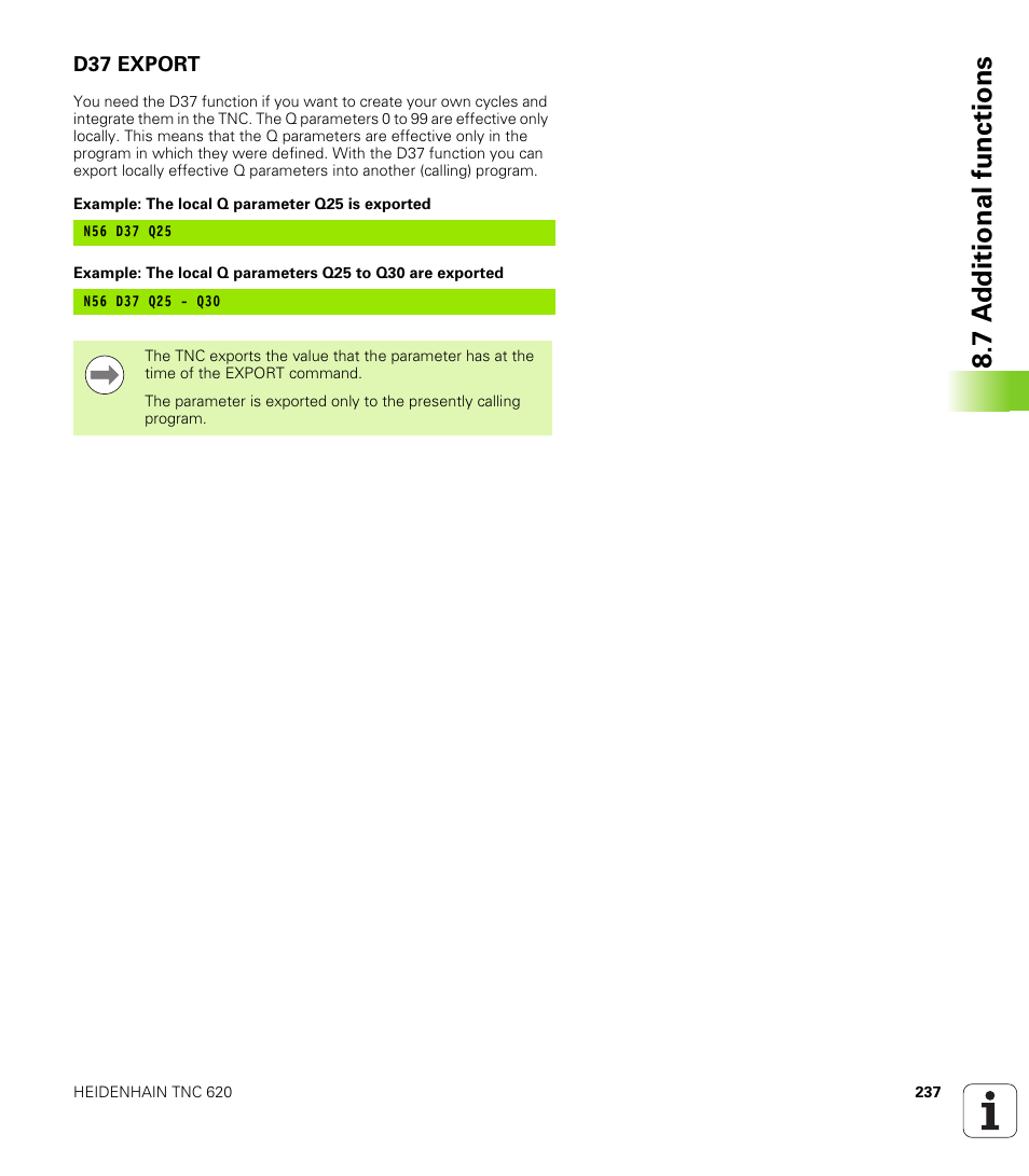 D37 export, 7 a d ditional functions | HEIDENHAIN TNC 620 (73498x-01) ISO programming User Manual | Page 237 / 497