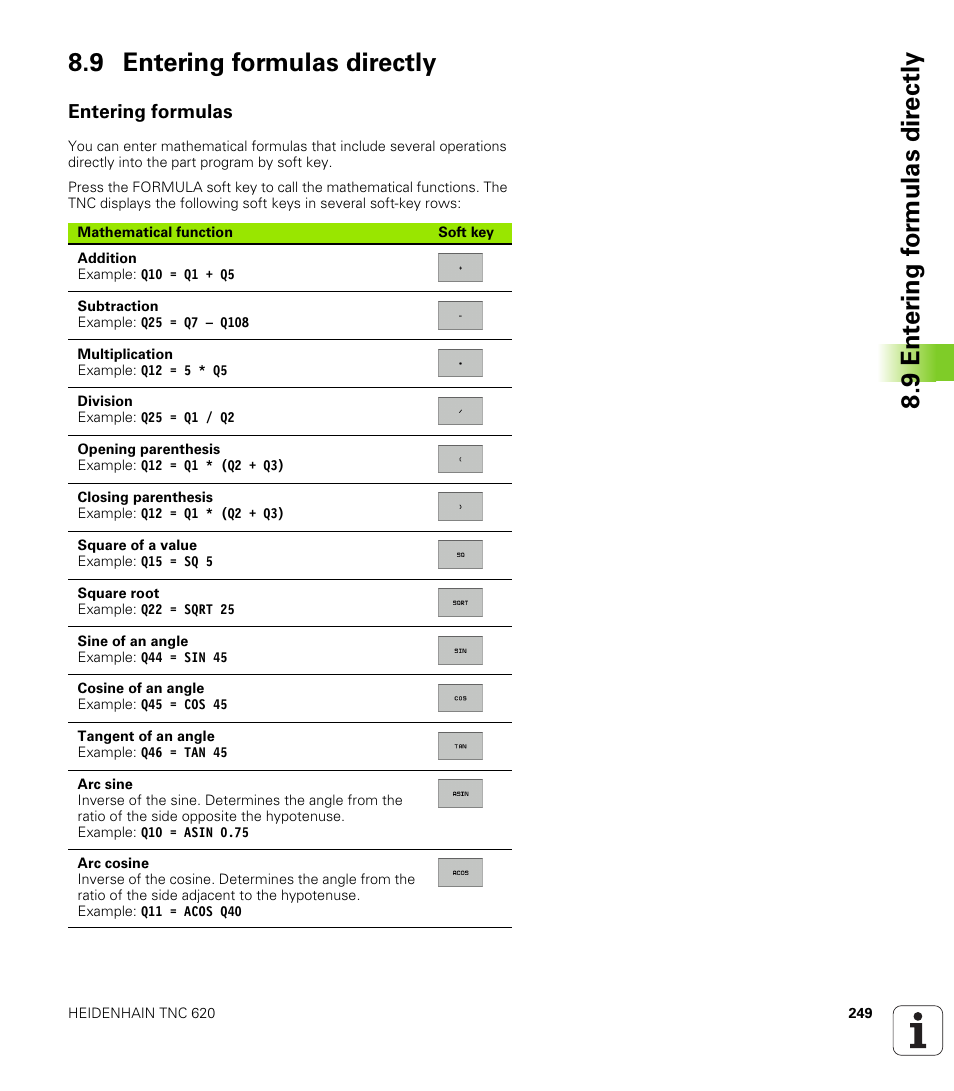9 entering formulas directly, Entering formulas | HEIDENHAIN TNC 620 (73498x-01) ISO programming User Manual | Page 249 / 497