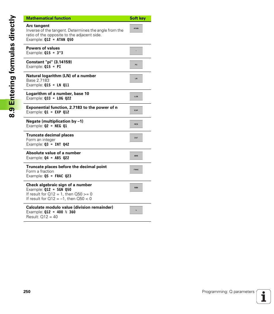 9 ent er ing f o rm ulas dir e ctly | HEIDENHAIN TNC 620 (73498x-01) ISO programming User Manual | Page 250 / 497