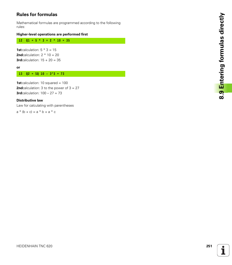 Rules for formulas, 9 ent er ing f o rm ulas dir e ctly | HEIDENHAIN TNC 620 (73498x-01) ISO programming User Manual | Page 251 / 497