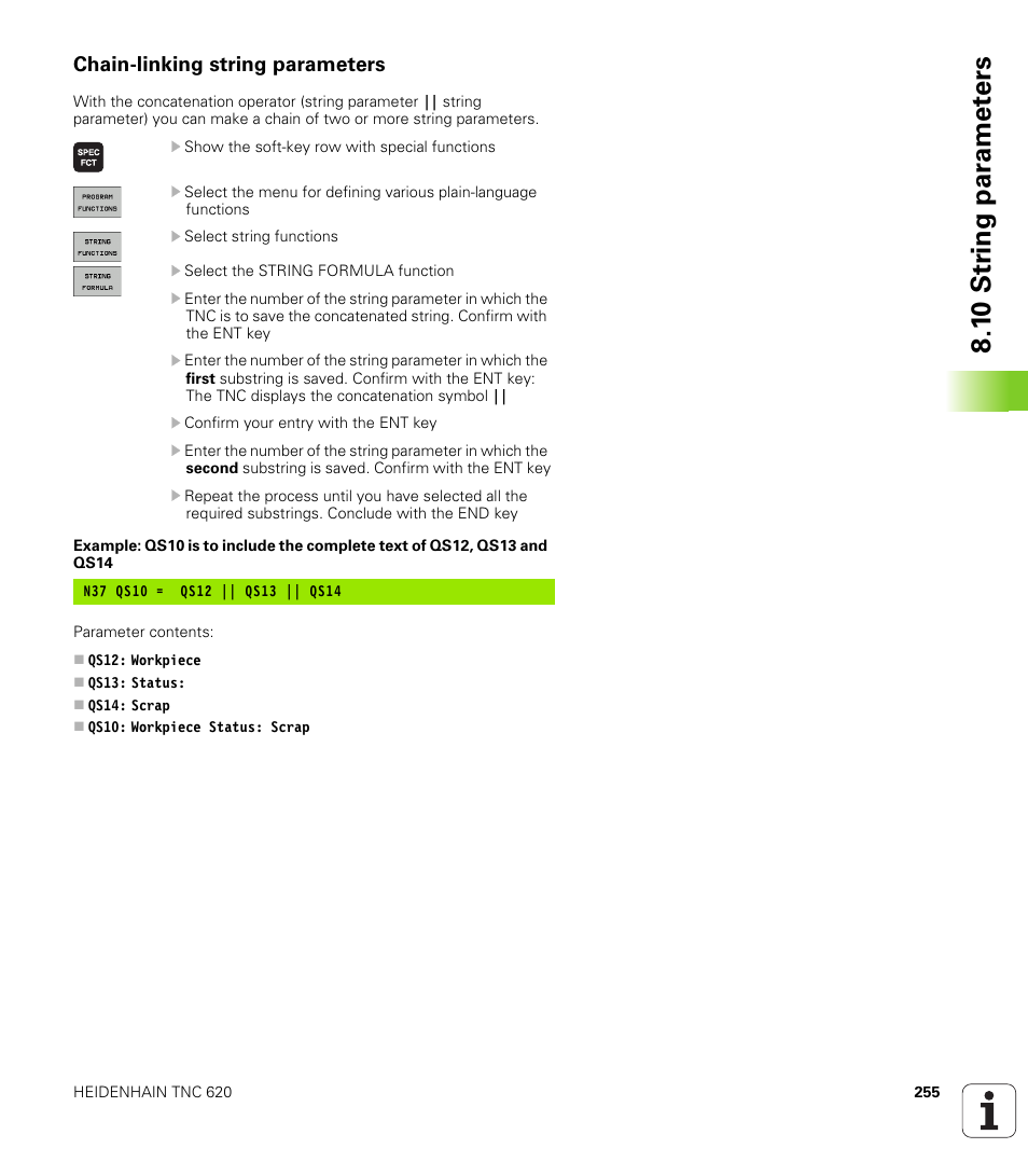 Chain-linking string parameters, 1 0 str ing par a met e rs | HEIDENHAIN TNC 620 (73498x-01) ISO programming User Manual | Page 255 / 497
