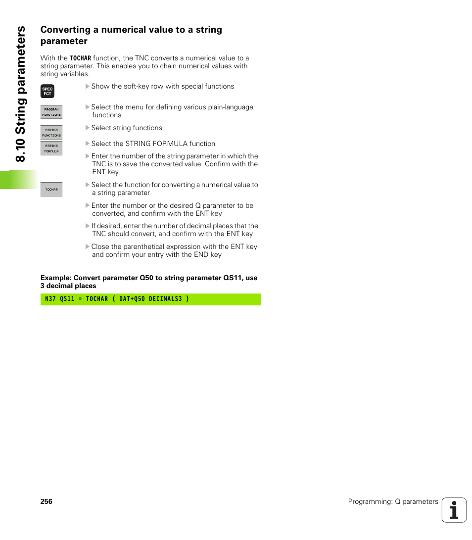 Converting a numerical value to a string parameter, 1 0 str ing par a met e rs | HEIDENHAIN TNC 620 (73498x-01) ISO programming User Manual | Page 256 / 497