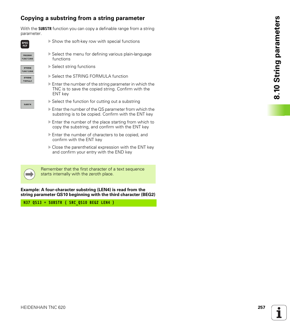 Copying a substring from a string parameter, 1 0 str ing par a met e rs | HEIDENHAIN TNC 620 (73498x-01) ISO programming User Manual | Page 257 / 497