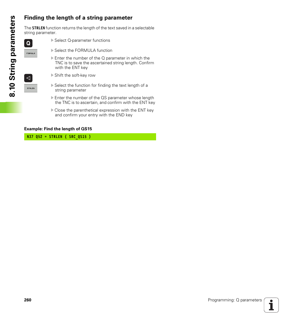 Finding the length of a string parameter, 1 0 str ing par a met e rs | HEIDENHAIN TNC 620 (73498x-01) ISO programming User Manual | Page 260 / 497