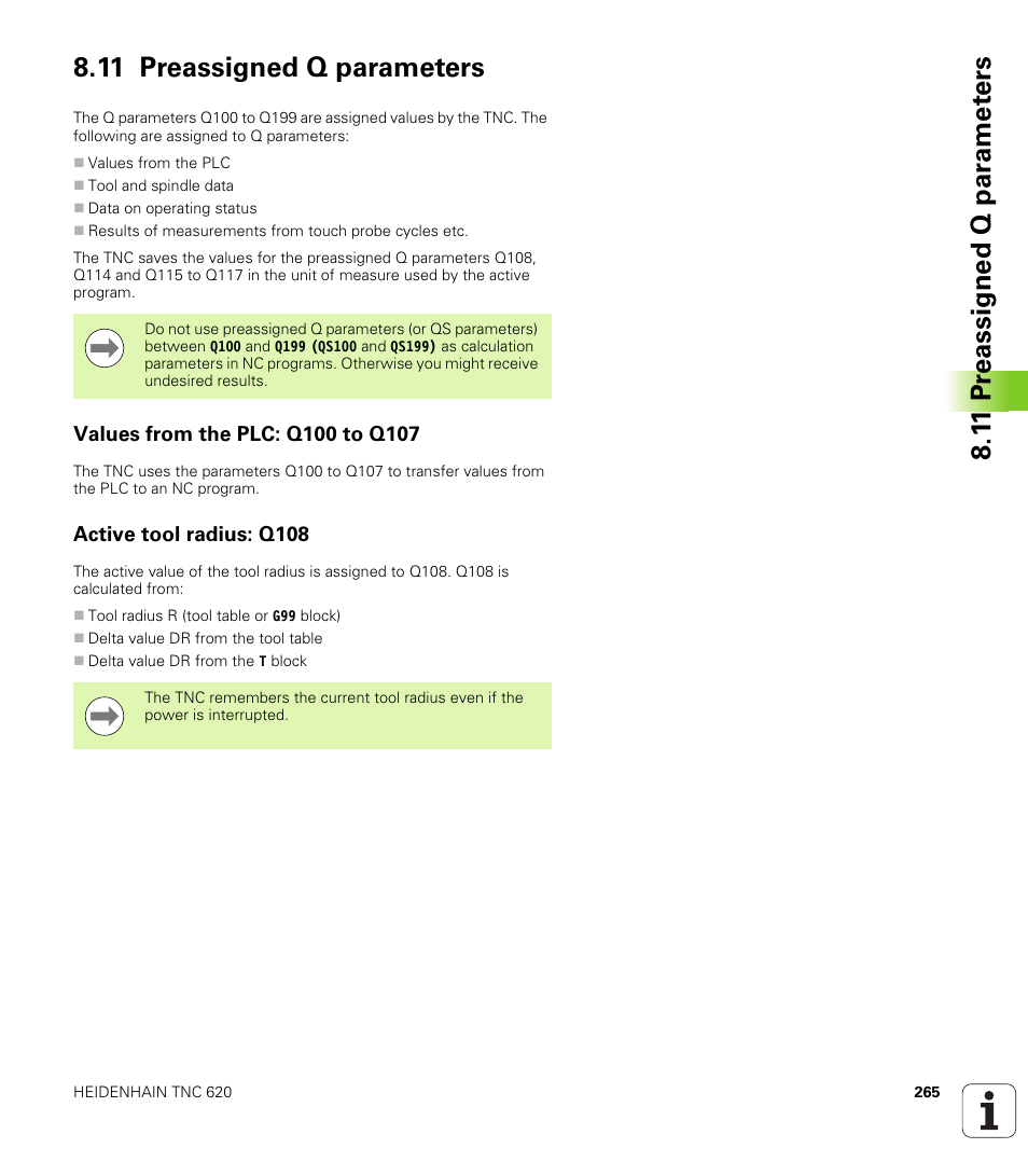 11 preassigned q parameters, Values from the plc: q100 to q107, Active tool radius: q108 | HEIDENHAIN TNC 620 (73498x-01) ISO programming User Manual | Page 265 / 497