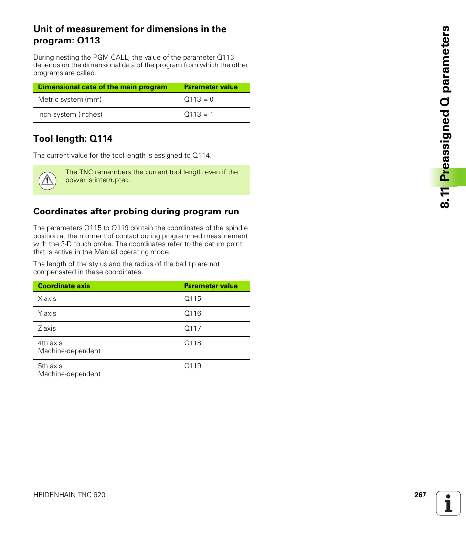 Tool length: q114, Coordinates after probing during program run, 1 1 pr eassigned q par a met e rs | HEIDENHAIN TNC 620 (73498x-01) ISO programming User Manual | Page 267 / 497