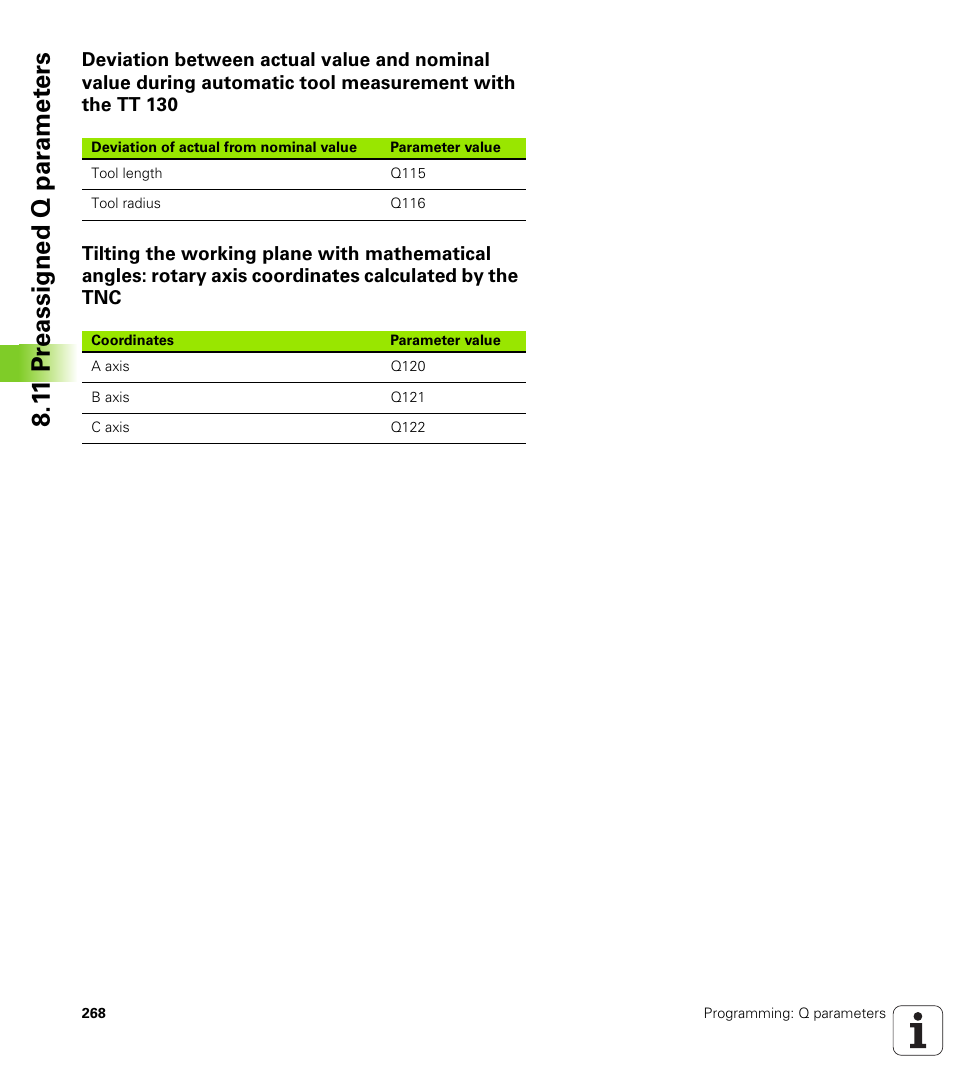 1 1 pr eassigned q par a met e rs | HEIDENHAIN TNC 620 (73498x-01) ISO programming User Manual | Page 268 / 497