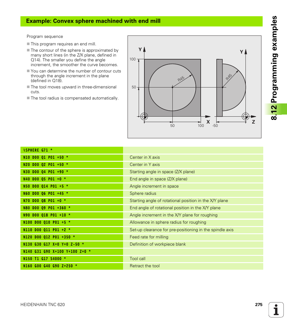 12 pr ogr amming examples, Example: convex sphere machined with end mill | HEIDENHAIN TNC 620 (73498x-01) ISO programming User Manual | Page 275 / 497