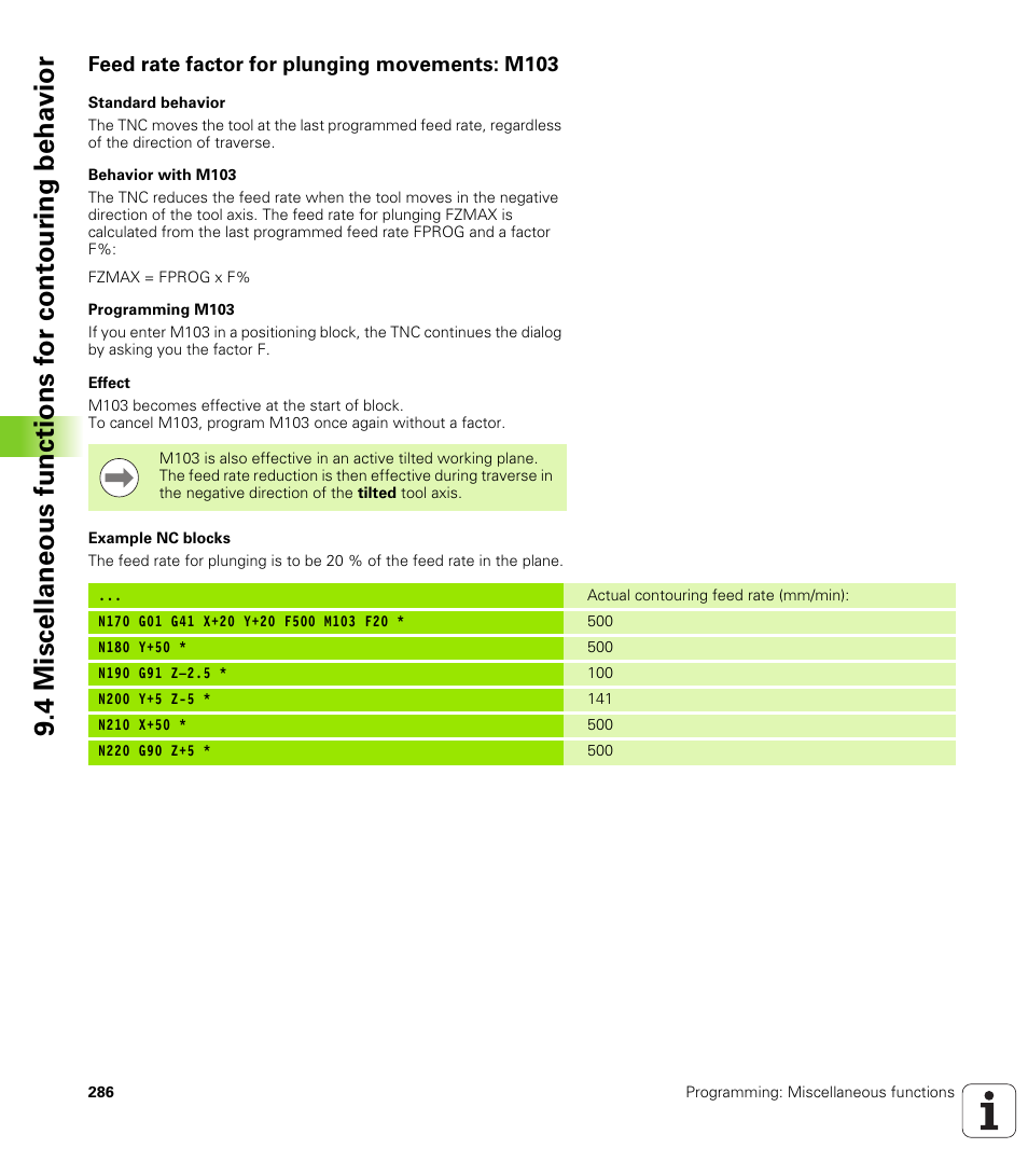 Feed rate factor for plunging movements: m103 | HEIDENHAIN TNC 620 (73498x-01) ISO programming User Manual | Page 286 / 497