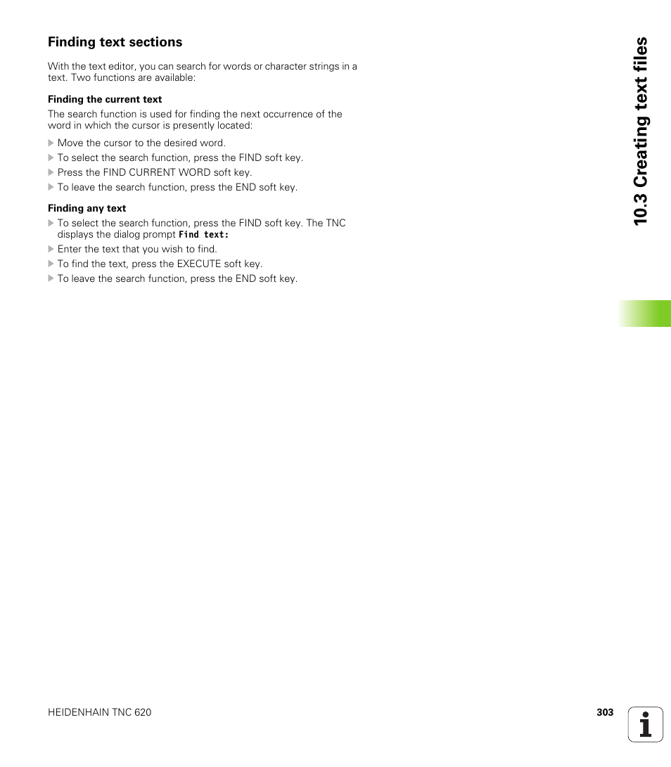Finding text sections, 10 .3 cr eating t e xt files | HEIDENHAIN TNC 620 (73498x-01) ISO programming User Manual | Page 303 / 497