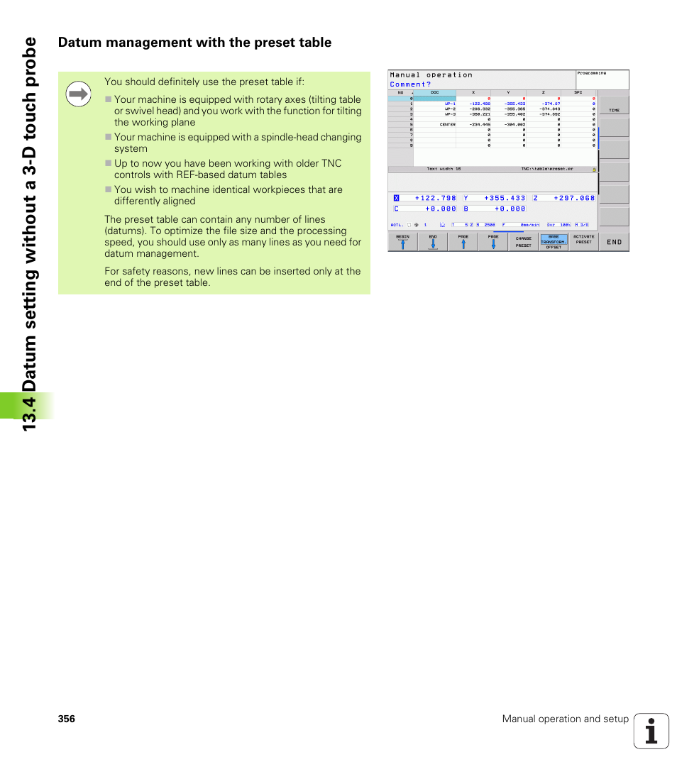 Datum management with the preset table, 4 d a tu m set ting without a 3-d touc h pr obe | HEIDENHAIN TNC 620 (73498x-01) ISO programming User Manual | Page 356 / 497