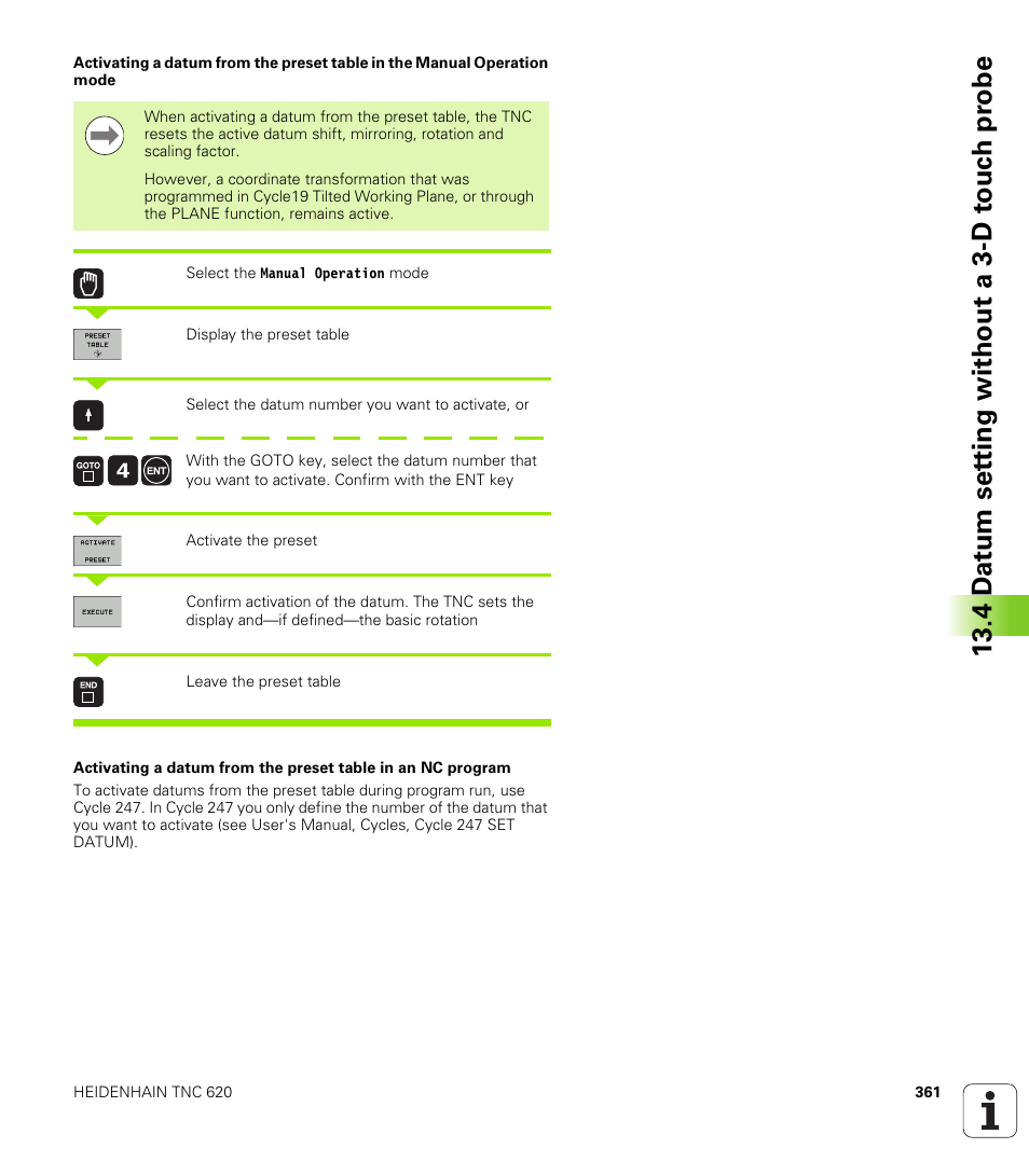 4 d a tu m set ting without a 3-d touc h pr obe | HEIDENHAIN TNC 620 (73498x-01) ISO programming User Manual | Page 361 / 497
