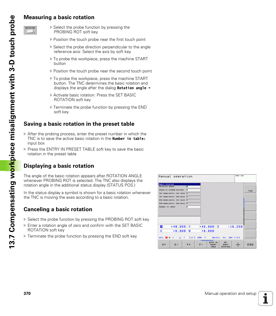 Measuring a basic rotation, Saving a basic rotation in the preset table, Displaying a basic rotation | Canceling a basic rotation | HEIDENHAIN TNC 620 (73498x-01) ISO programming User Manual | Page 370 / 497