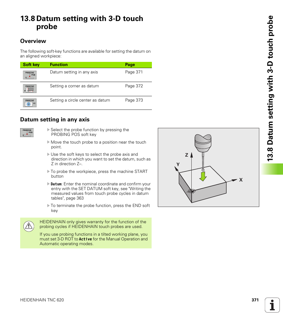 8 datum setting with 3-d touch probe, Overview, Datum setting in any axis | HEIDENHAIN TNC 620 (73498x-01) ISO programming User Manual | Page 371 / 497