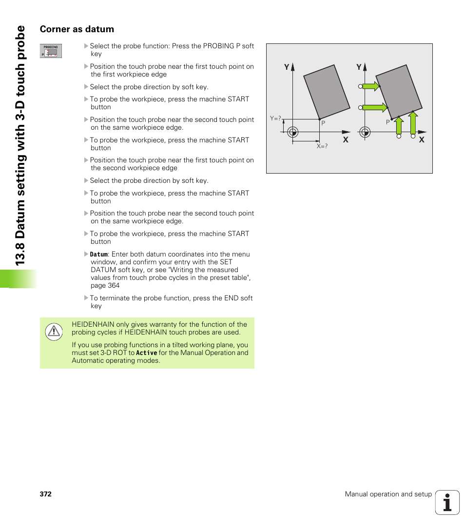Corner as datum, 8 d a tu m set ting with 3-d t o uc h pr obe | HEIDENHAIN TNC 620 (73498x-01) ISO programming User Manual | Page 372 / 497