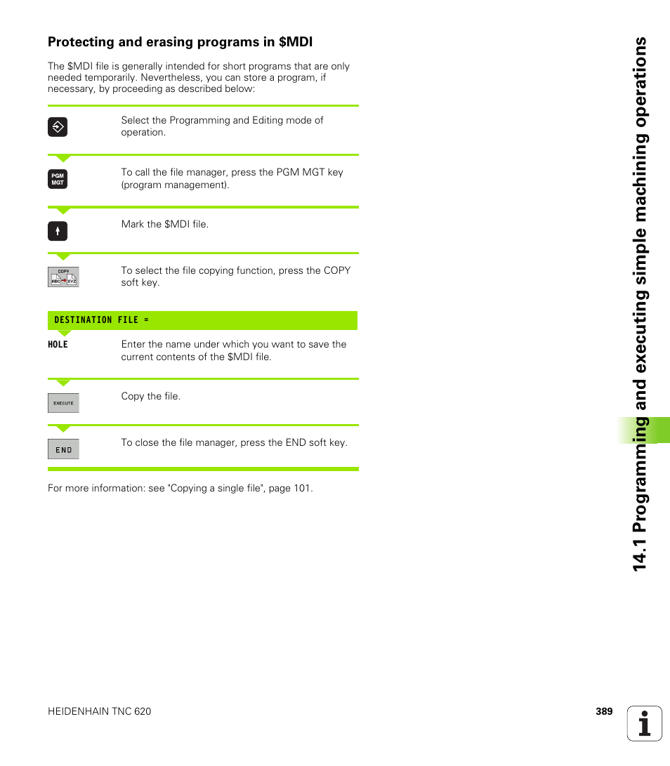 Protecting and erasing programs in $mdi | HEIDENHAIN TNC 620 (73498x-01) ISO programming User Manual | Page 389 / 497