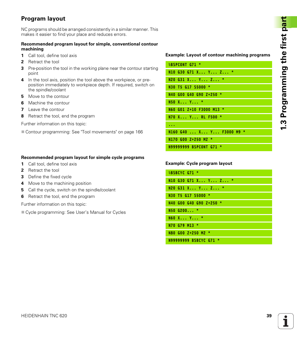 Program layout, 3 pr ogr amming the first par t | HEIDENHAIN TNC 620 (73498x-01) ISO programming User Manual | Page 39 / 497