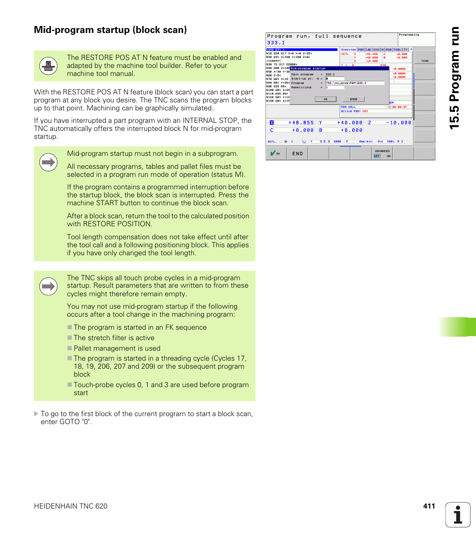Mid-program startup (block scan), 5 pr ogr am r u n | HEIDENHAIN TNC 620 (73498x-01) ISO programming User Manual | Page 411 / 497