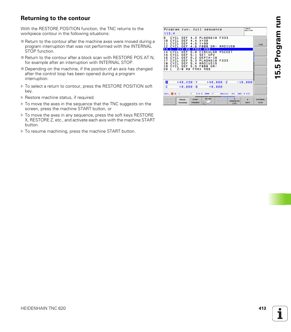 Returning to the contour, 5 pr ogr am r u n | HEIDENHAIN TNC 620 (73498x-01) ISO programming User Manual | Page 413 / 497