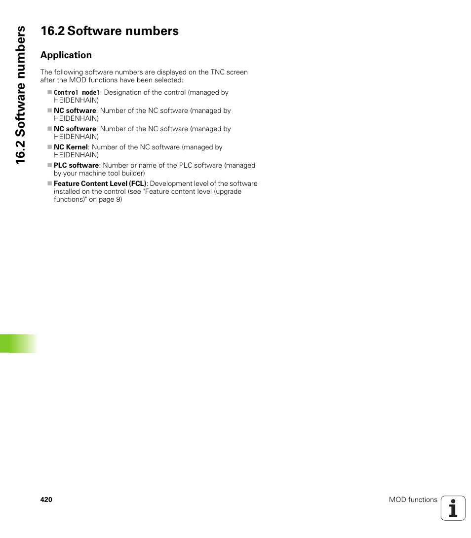 2 software numbers, Application, 2 sof tw a re numbers 16.2 software numbers | HEIDENHAIN TNC 620 (73498x-01) ISO programming User Manual | Page 420 / 497