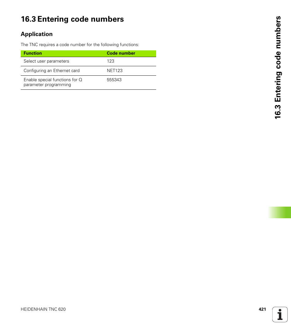 3 entering code numbers, Application | HEIDENHAIN TNC 620 (73498x-01) ISO programming User Manual | Page 421 / 497