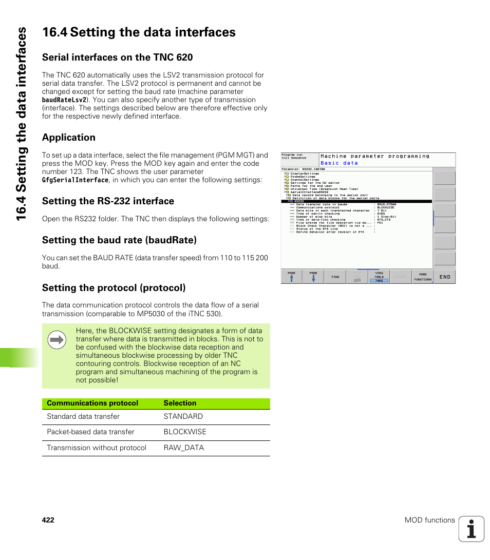 4 setting the data interfaces, Serial interfaces on the tnc 620, Application | Setting the rs-232 interface, Setting the baud rate (baudrate), Setting the protocol (protocol) | HEIDENHAIN TNC 620 (73498x-01) ISO programming User Manual | Page 422 / 497