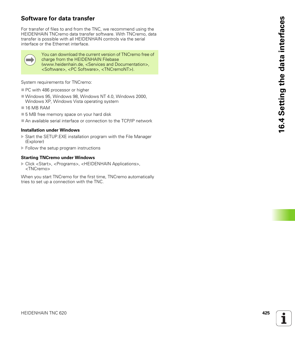 Software for data transfer, 4 set ting the data int e rf aces | HEIDENHAIN TNC 620 (73498x-01) ISO programming User Manual | Page 425 / 497