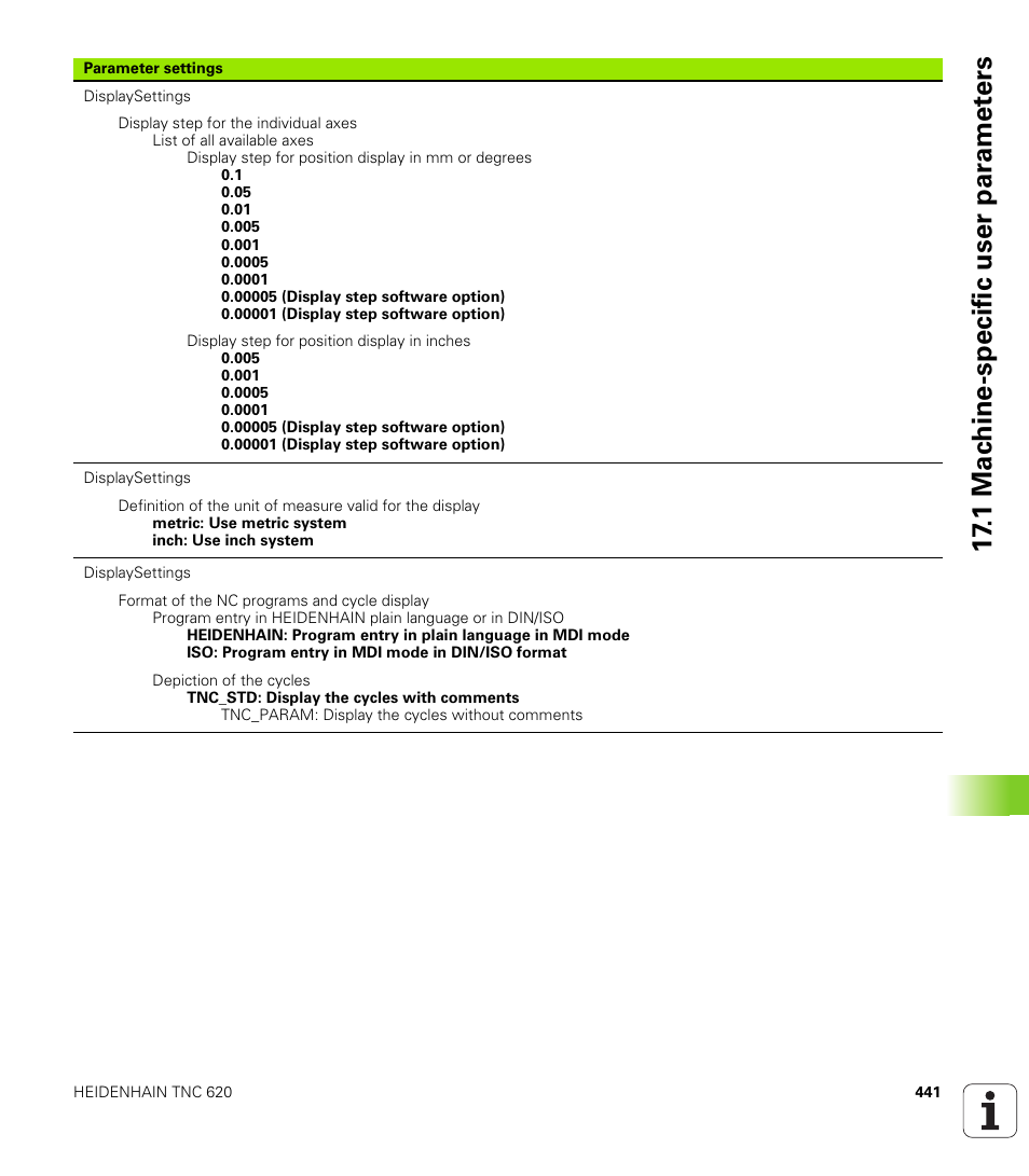 1 mac h ine-specific user par a met e rs | HEIDENHAIN TNC 620 (73498x-01) ISO programming User Manual | Page 441 / 497