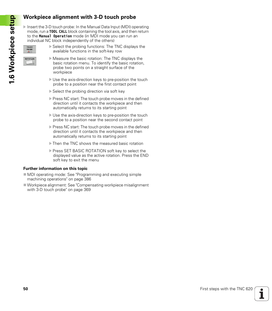 Workpiece alignment with 3-d touch probe, 6 w o rk piece set u p | HEIDENHAIN TNC 620 (73498x-01) ISO programming User Manual | Page 50 / 497