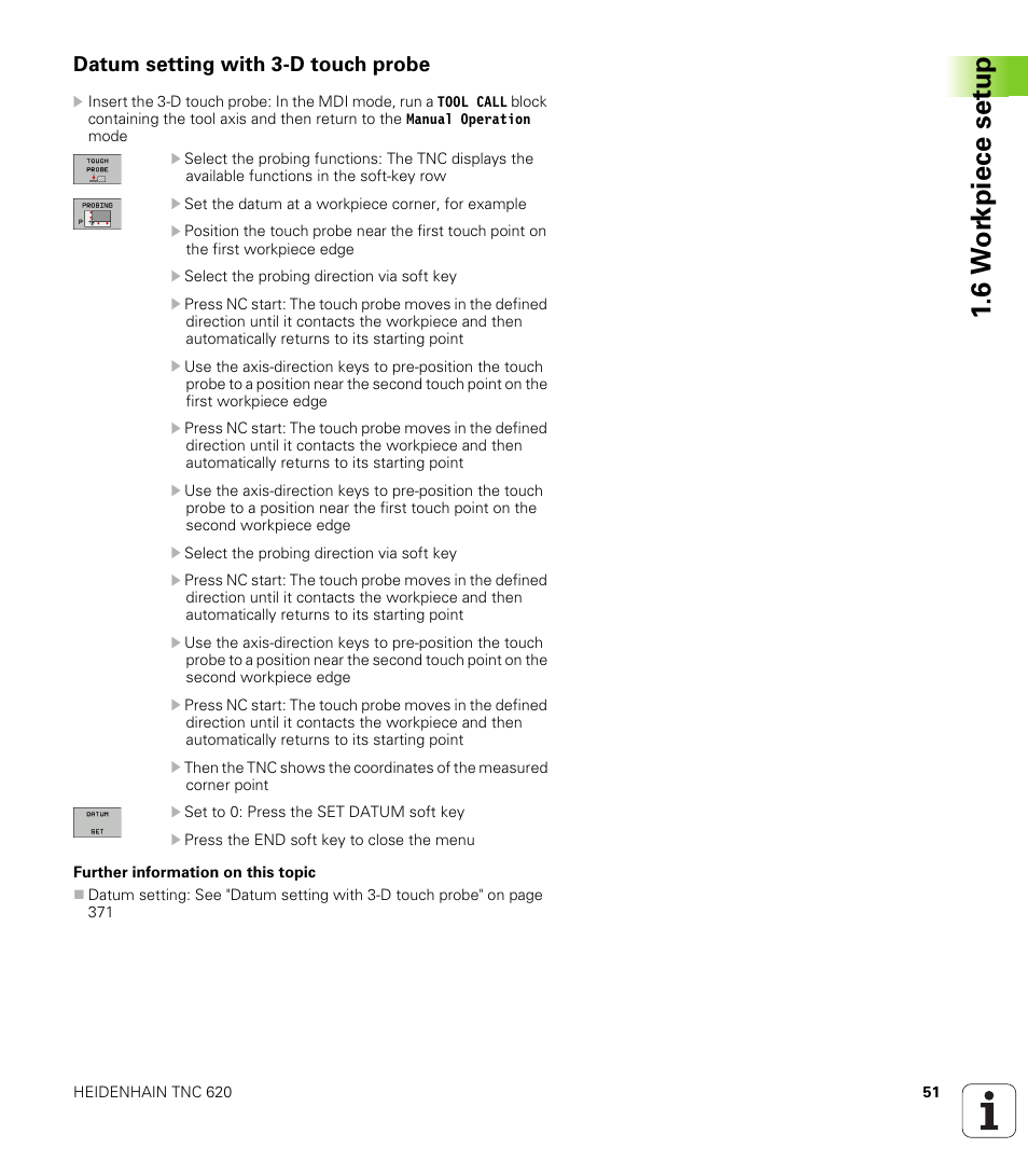 Datum setting with 3-d touch probe, 6 w o rk piece set u p | HEIDENHAIN TNC 620 (73498x-01) ISO programming User Manual | Page 51 / 497