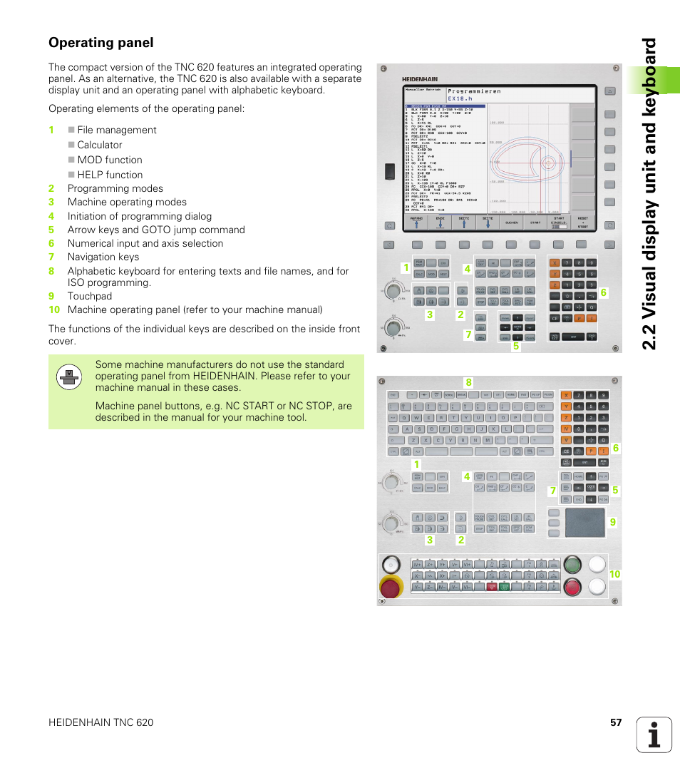 Operating panel, 2 v isual displa y unit and k e yboar d | HEIDENHAIN TNC 620 (73498x-01) ISO programming User Manual | Page 57 / 497