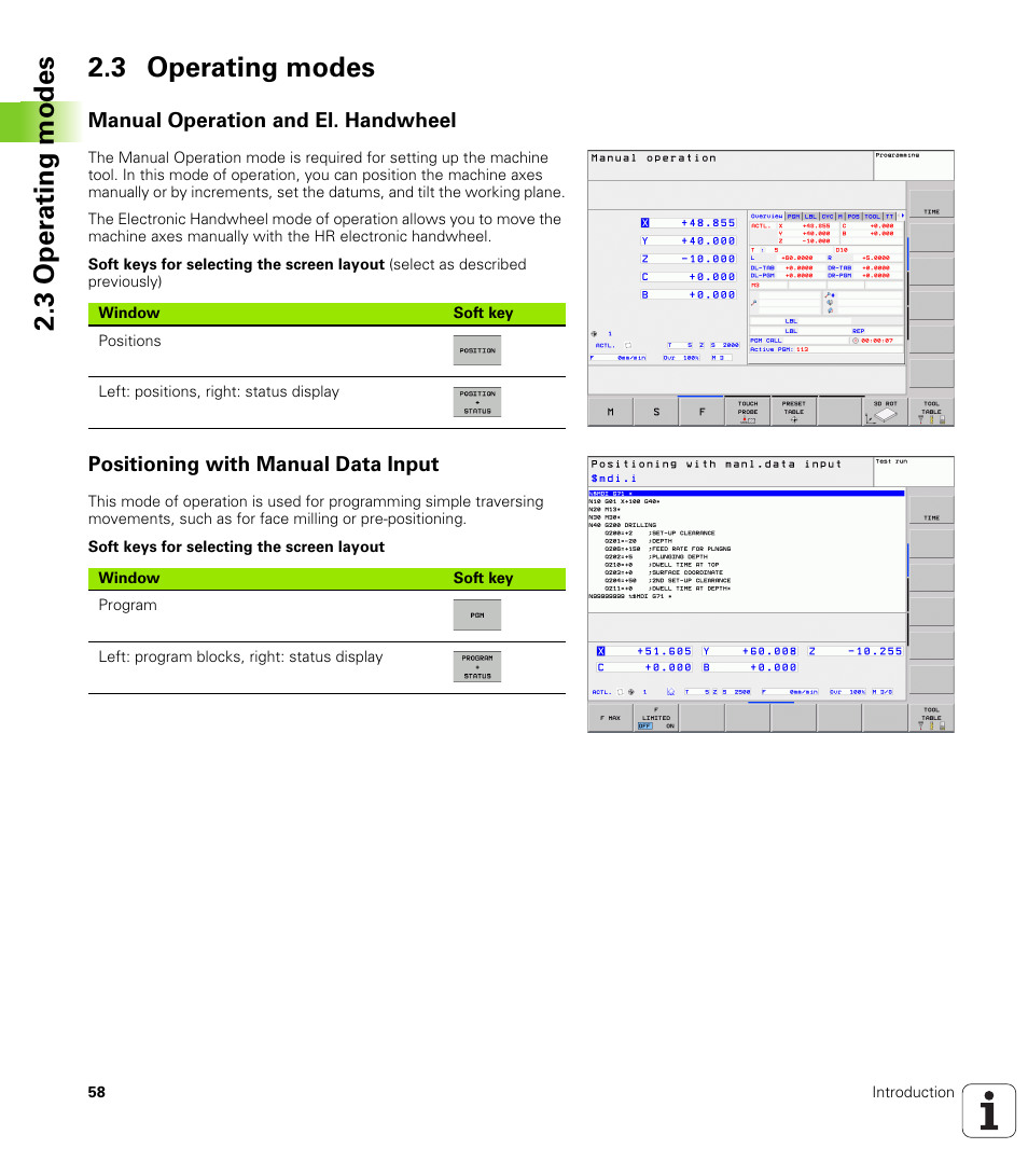 3 operating modes, Manual operation and el. handwheel, Positioning with manual data input | 3 oper ating modes 2.3 operating modes | HEIDENHAIN TNC 620 (73498x-01) ISO programming User Manual | Page 58 / 497